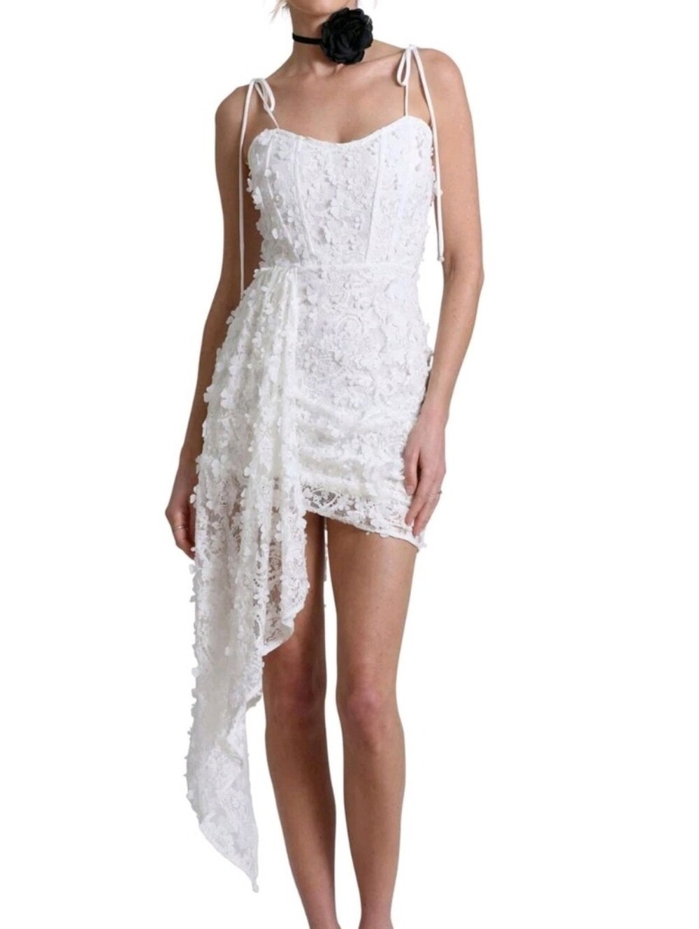 Avec Les Filles Womens Waterfall Lace Mini Dress Applique Flowers, white Size 10